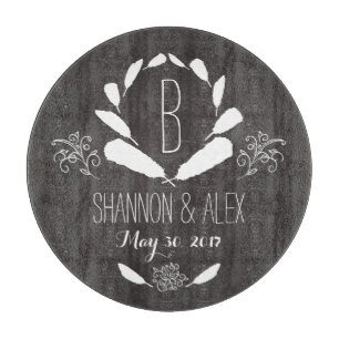 Feather Chalkboard Monogram Wedding Date Cutting Board