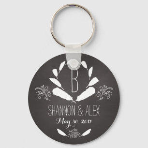Feather Chalkboard Monogram Wedding Date Key Ring