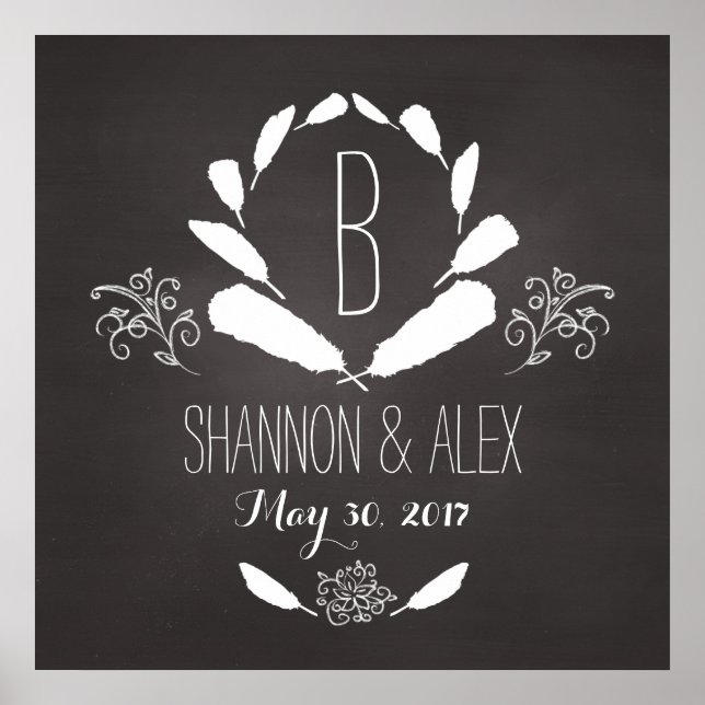 Feather Chalkboard Monogram Wedding Date Poster (Front)