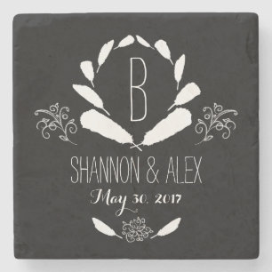 Feather Chalkboard Monogram Wedding Date Stone Coaster