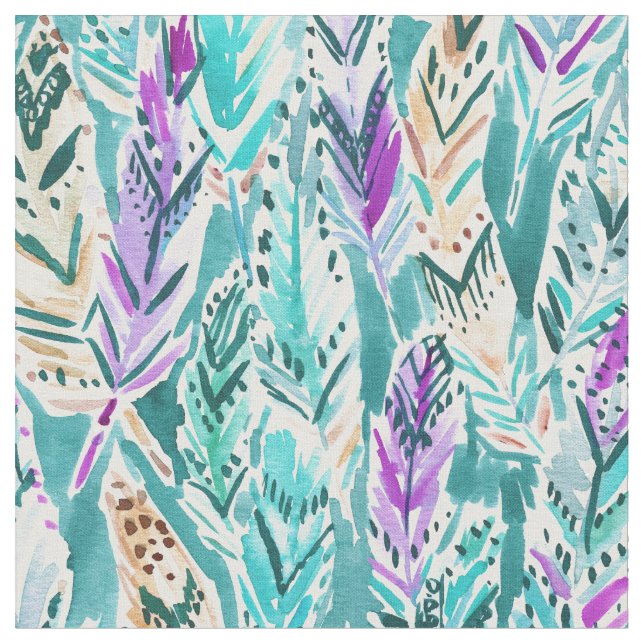 FEATHER DANCE Boho Chic Watercolor Pattern Fabric (Close Up)