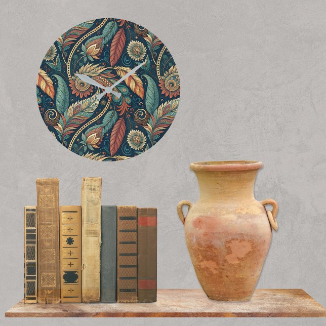 Feather Floral Paisley Abstract Ethnic Swirl Large Clock (Creator Uploaded)