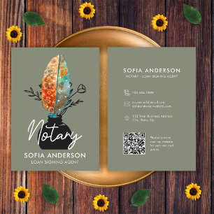 Feather Floral QR Code Notary Loan Signing Agent Business Card