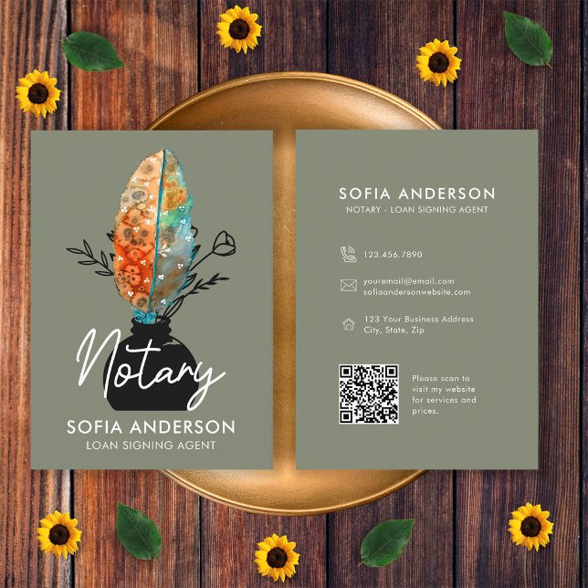 Feather Floral QR Code Notary Loan Signing Agent Business Card (Front and Back)