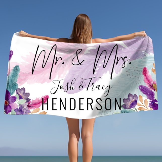 Feather & Flowers Mr and Mrs Personalised Wedding  Beach Towel (Feather & Flowers Mr and Mrs Personalized Wedding Beach Towel)