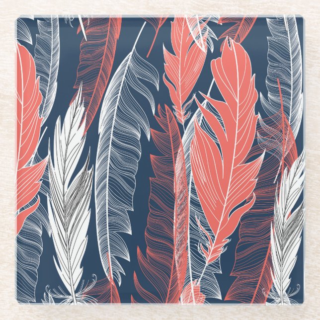 Feather Graphics, Beautiful Seamless Pattern. Glass Coaster (Front)
