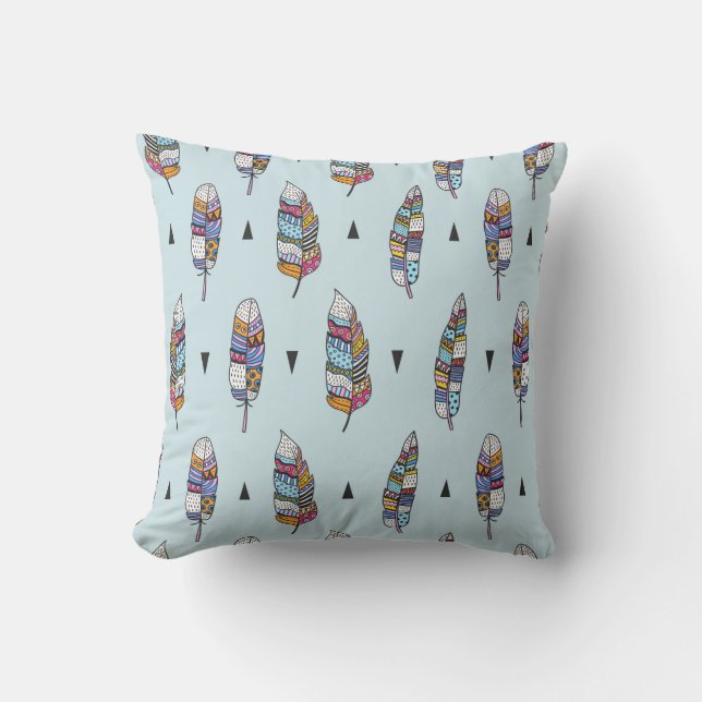 Feather hand drawn vintage pattern. Seamless boho  Cushion (Front)