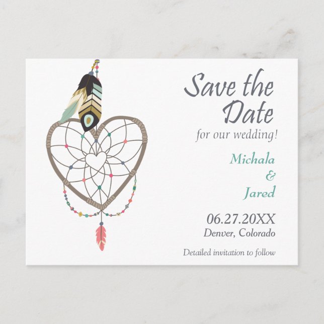 Feather Heart Dreamcatcher Save the Date Wedding Announcement Postcard (Front)