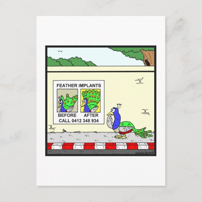 Feather Implants: Peacock cartoon Postcard (Front)
