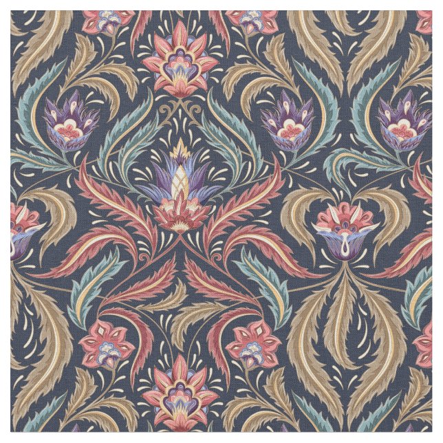 Feather Leaves Floral Damask Green Pink Lavender Fabric (Close Up)
