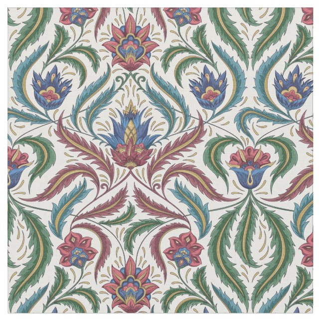 Feather Leaves Floral Damask in Blue Green Red Fabric (Close Up)