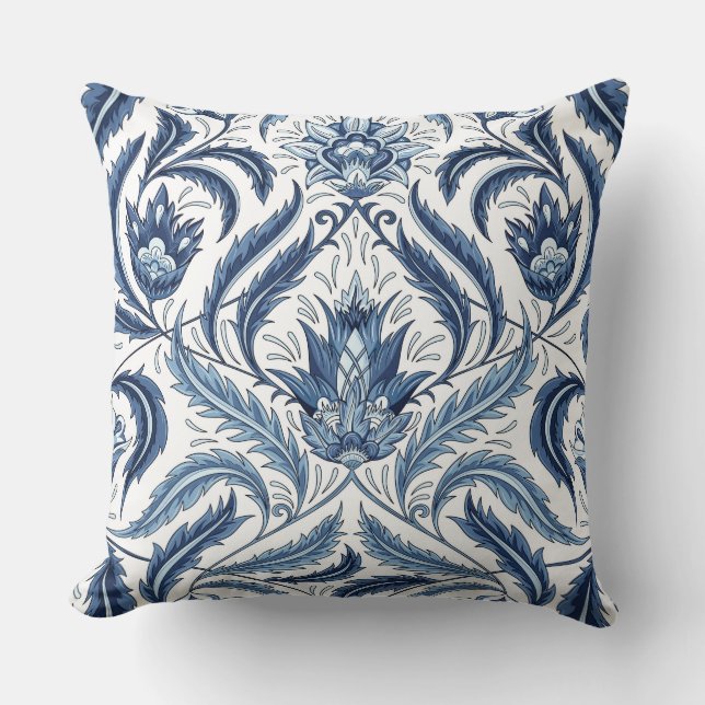 Feather Leaves Floral Faux Tapestry Blue and White Cushion (Front)