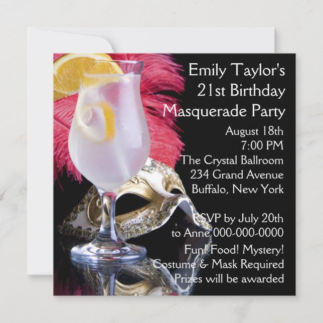 Feather Mask 21st Birthday Party Invitation (Front)