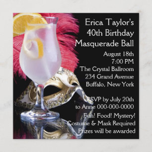 Feather Mask 40th Birthday Masquerade Party Invitation