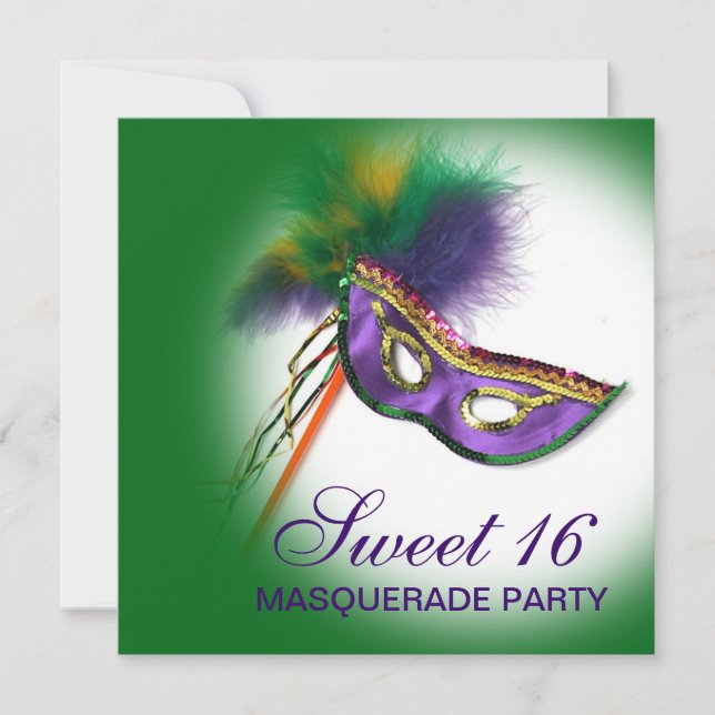 Feather Mask Purple Sweet 16 Masquerade Party Invitation (Front)