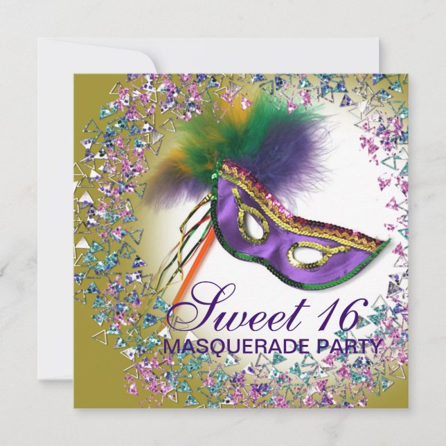 Feather Mask Purple Sweet 16 Masquerade Party Invitation (Front)