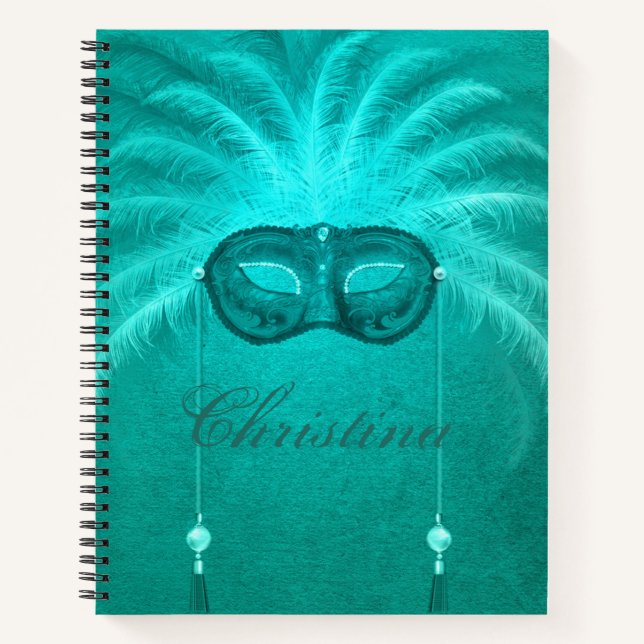 Feather masquerade mask art deco teal white notebook (Front)