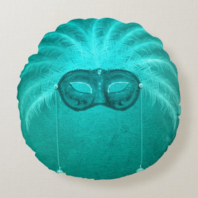 Feather masquerade mask elegant vintage teal round cushion (Front)