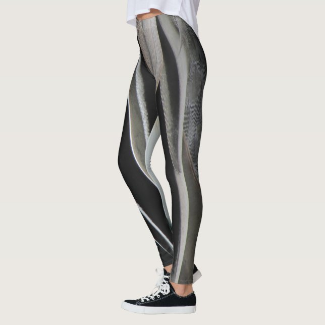 Feather Pattern Wild Bird Black Grey Stripes Leggings (Left)
