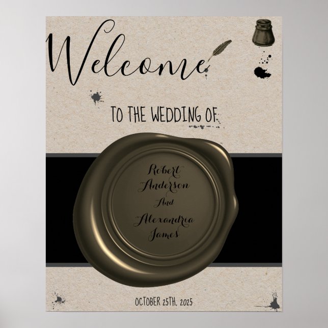 Feather Pen & Inkwell Welcome Wedding Sign (Front)