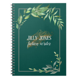 Feather Pen & Leafy Frame in Spruce Green Notebook