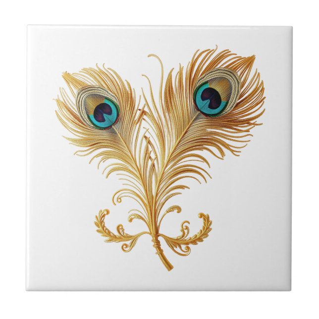 Feather plume peacock bird gold teal luxury ceramic tile (Front)
