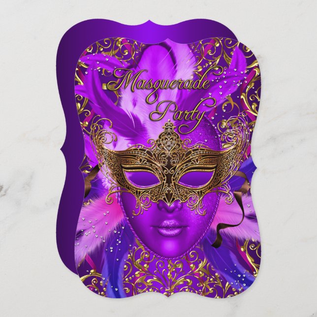 Feather Purple Gold Mask Masquerade Party Invite (Front/Back)