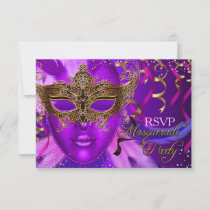 Feather Purple & Gold Mask Masquerade Party RSVP