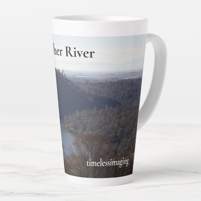 Feather River on a mug, hot beverage, kitchenware. Latte Mug (Right Angle)