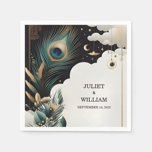 Feather Rustic Asian Sky Cloud Peacock Wedding Napkin (Front)