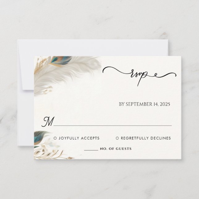 Feather Rustic Asian Sky Cloud Peacock Wedding RSVP Card (Front)