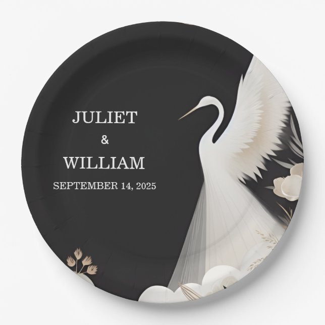 Feather Rustic Asian Sky Fun Cloud Crane Wedding Paper Plate (Front)