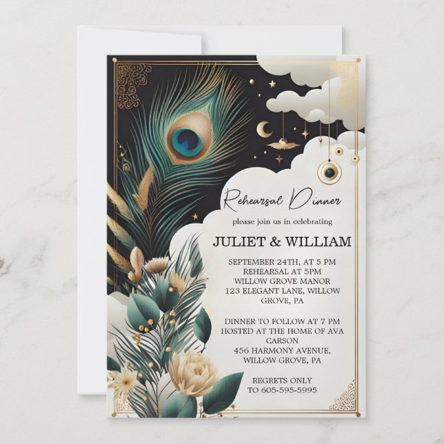 Feather Rustic Sky Cloud Peacock Rehearsal Dinner Invitation (Front)