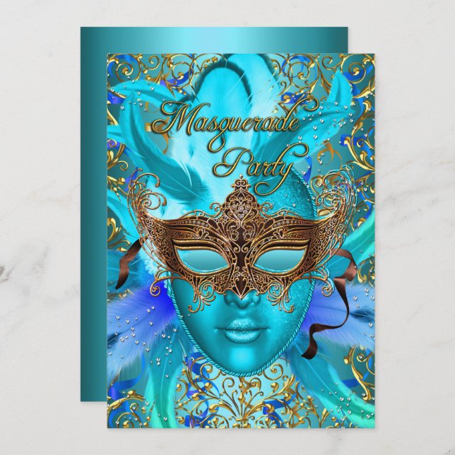 Feather Teal Gold Mask Masquerade Party Invite (Front/Back)