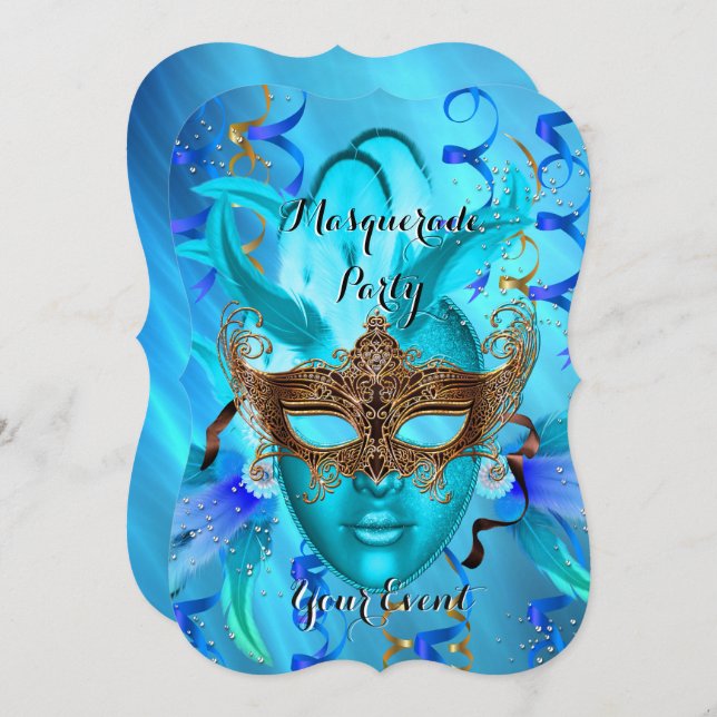 Feather Teal Gold Masked Masquerade Party Invitation (Front/Back)