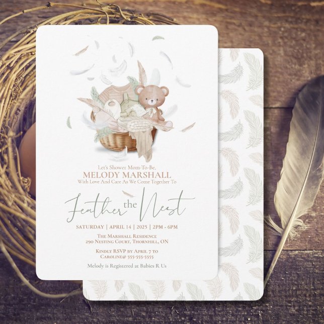 Feather The Nest Baby Shower Invitation (Elegant baby shower invitation to celebrate and feather the nest with love)