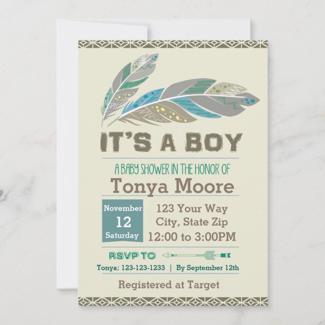 Feather Tribal Baby Shower Invitation (boy) (Front)