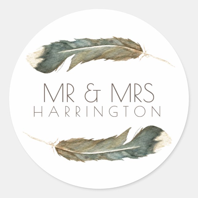Feather Watercolor Duo | Mr & Mrs Classic Round Sticker (Front)