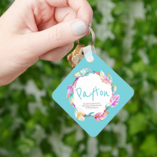 Feather watercolor name meaning aqua Payton Key Ring