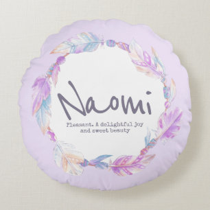 Feather watercolor name meaning Naomi round pillow