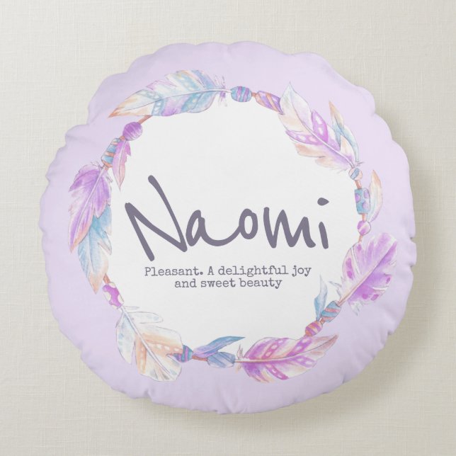 Feather watercolor name meaning Naomi round pillow (Front)