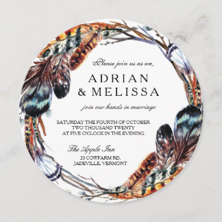 Feather Wedding Invitation 5.25 x 5.25 Circle