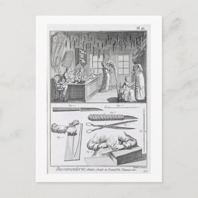 Feather workers and their tools, from the 'Encyclo Postcard (Front)