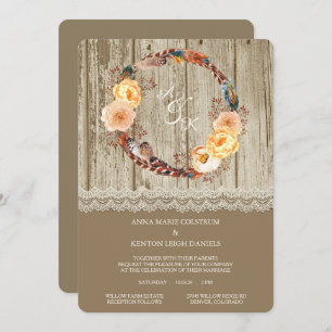 Feather Wreath Rustic Wood Wedding Invitation