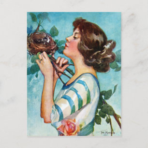 "FEATHER YOUR NEST" EARLY SPRING ROBINS 'N ROSES POSTCARD
