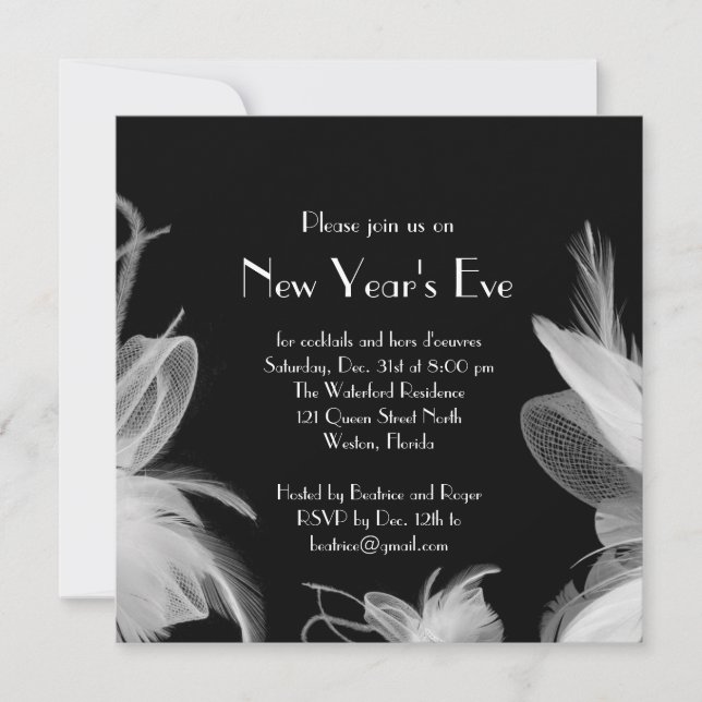 Feathered 1920's New Year's Party Invitation (Front)