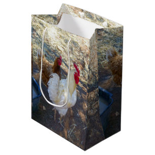 Feathered Companions: White Rooster and His Hen Medium Gift Bag