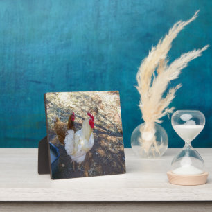 Feathered Companions: White Rooster and His Hen Plaque