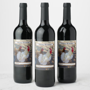 Feathered Companions: White Rooster and His Hen Wine Label
