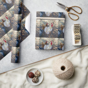 Feathered Companions: White Rooster and His Hen Wrapping Paper
